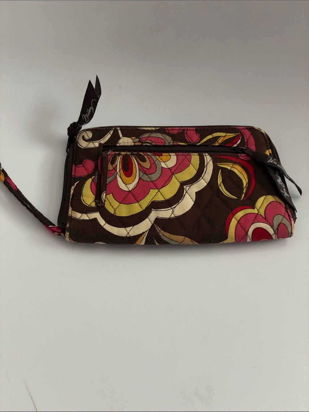 Vera Bradley Brown Quilted Wristlet with Pink and Yellow Floral Design